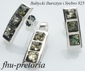 Komplet srebro bursztyn zielony kostka 4x4 sztyft
