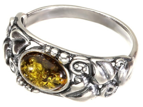 Pierścionek srebrny z bursztynem zielonym Powój (rozmiar 24)